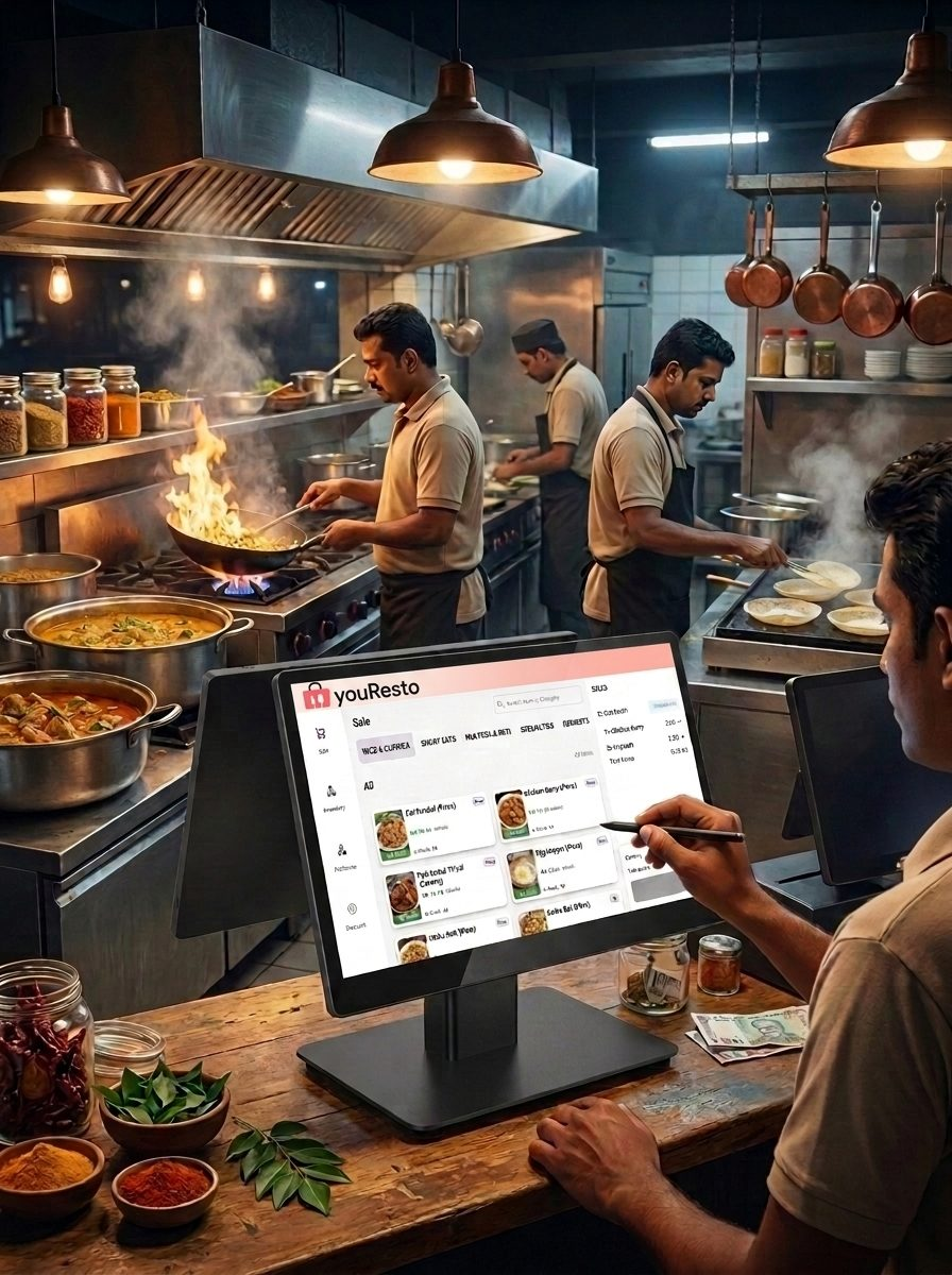 Restaurant kitchen staff using youResto on a countertop display