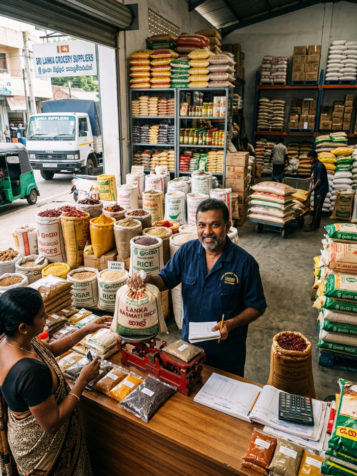 Grocery distributor weighing rice at a warehouse counter